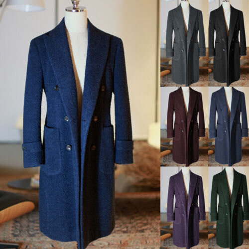 Abiti formali blu navy uomo cappotto lana spessa cappotto lungo giacca uomo doppio petto - Foto 1 di 20