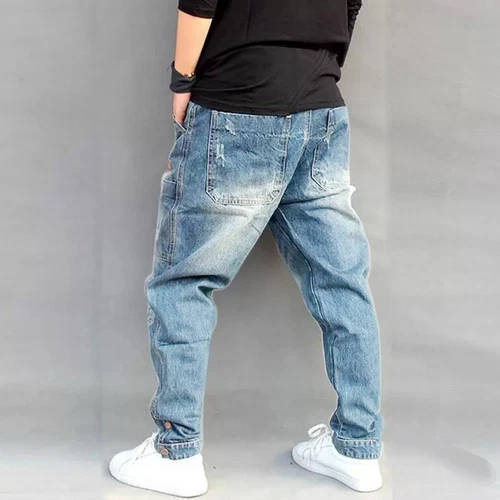 Pants Drop Crotch Distressed TrousersMens Denim Casual Loose Harem Jean Tapered - Bild 5 von 31