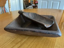 Small Shallow Primitive Reproduction Wooden Dough Bowl and Scoop Set