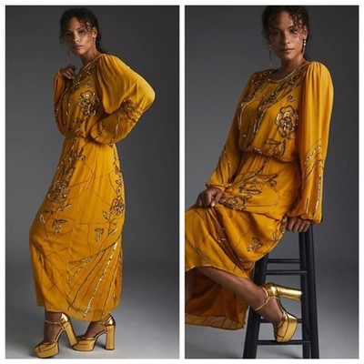 Anthropologie Let Me Be Juliet Maxi Dress Women's XS Yellow Sequin Formal Evenin