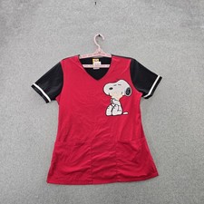 Peanuts Women Scrub Top S Red Graphic Print Snoopy Whimsical Logo Short Sleeve
