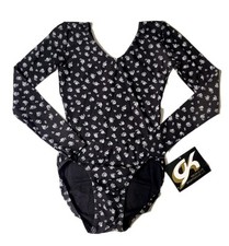 GK Elite VTG Black White Rose Cotton Leotard Bodysuit LS Stretch AXS Adult XS