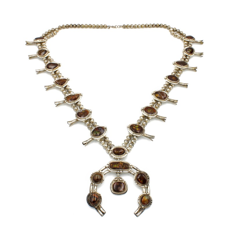 Signed Southwest Sterling Fire Agate Squash Blossom 34in Necklace #S5206-2