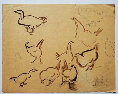 Zeichnung Tinte Sepia Tiere Hühner Gänse Studien  Gerda Henning Nachlass