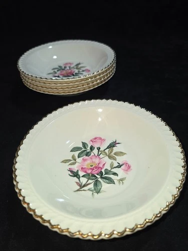 Harker Pottery Co 22KT Gold Rimmed Floral Pink Wild Rose 5 1/2" bowl-set of 5