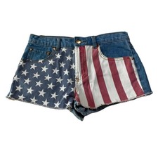 Forever 21 Womens Booty Shorts Size 27 America Flag Denim Jean Short USA Raw Hem