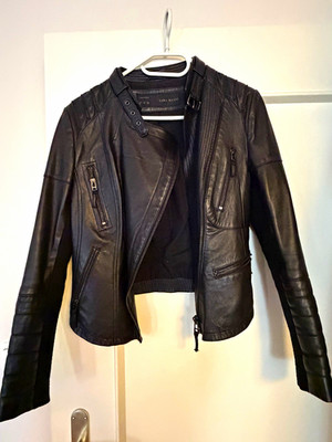Zara Basic Damen Bikerjacke 100% Lammleder Schwarz Gr. M Reißverschluss