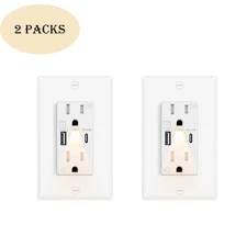 2PK 15 Amp USB Type A & Type-C Wall Outlet with Night Lights,Tamper Resistant