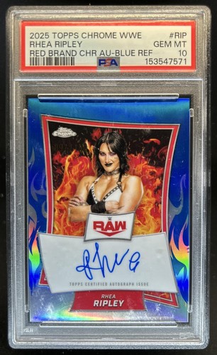 2025 Topps Chrome WWE Rhea Ripley Red Brand Auto Blue Refractor #/150 PSA 10