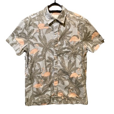 American Eagle Outfitters Mens SmallFlex Hawaiian Blue Floral Flamingo Button Up