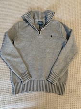 Ralph Lauren Boys Sz M 10-12 gray sweater zip up Navy blue polo horse vintage
