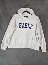 American Eagle Womens Medium Hoodie Sweatshirt White Blue Terry Logo Preppy