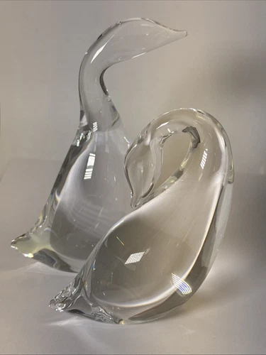 STEUBEN Hand Blown Crystal Glass Swan Figurines Signed 2 pc Lot