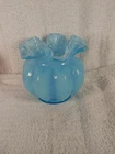 Fenton Blue Overlay Glass Ribbed Ruffled  Melon Rose Bowl Vase 5”