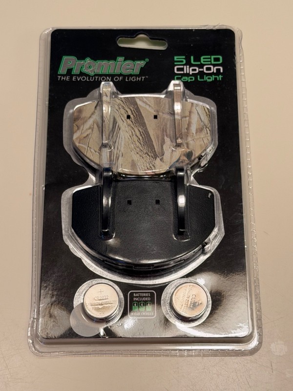 New - Promier 2 PACK - 5 LED Clip-On Cap Lights, 1 Camouflage, 1 Black