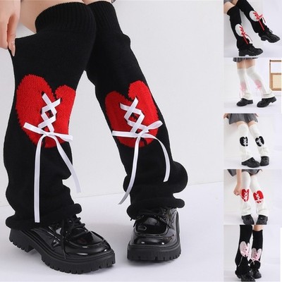 Heart Print Knitted Leg Warmers Sweet Ribbon Ties Flared Foot Covers Long Socks