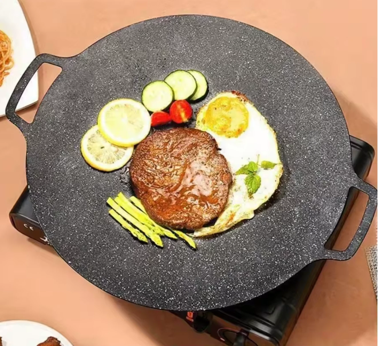 Korean BBQ Grill Pan Nonstick Round Griddle Plate w/ Handle for Stove