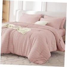7 Pieces Queen Comforter Set, Seersucker Bed in a Queen 88"x88" Rose Gold