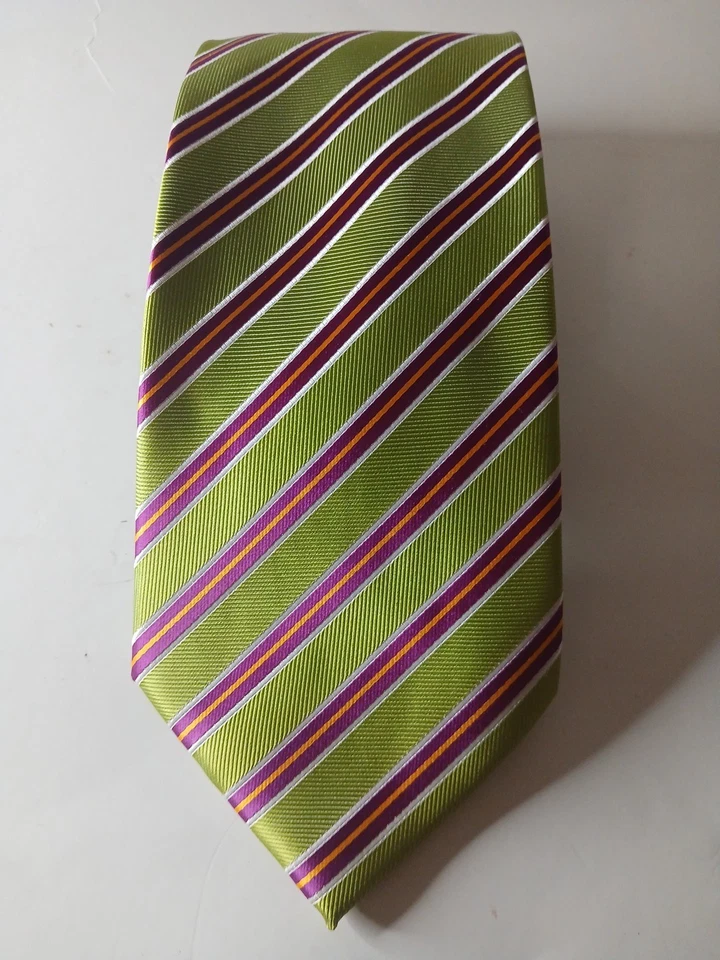 BELINDA FIRENZE MEN'S TIE 100%  SILK LIME GREEN STRIPED *MADE IN ITALY CLASSIC - Image 2 of 4