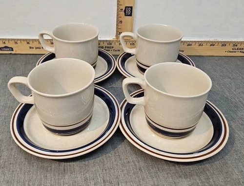 Contemporary Chateau Blue Brown Bands Stoneware Mugs Cups Set of 4 With Saucers