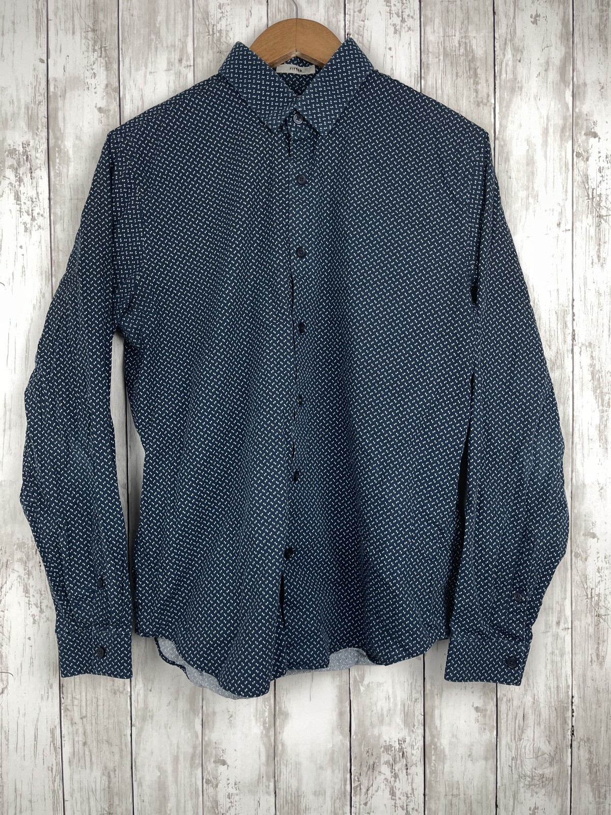 Express Men Fitted Button Down Blue & White Trian… - image 1