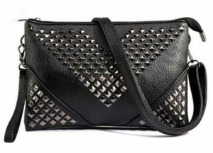 Black-Leather-Studded-CrossBody-Handbag-W-Zipper-Womens-Clutch-Dress-Bag