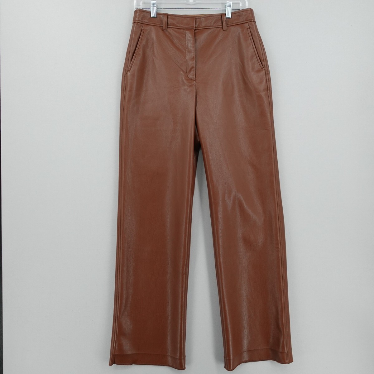 Babaton Vegan Leather Pants Womens Brown Straight Leg Unhemmed 34