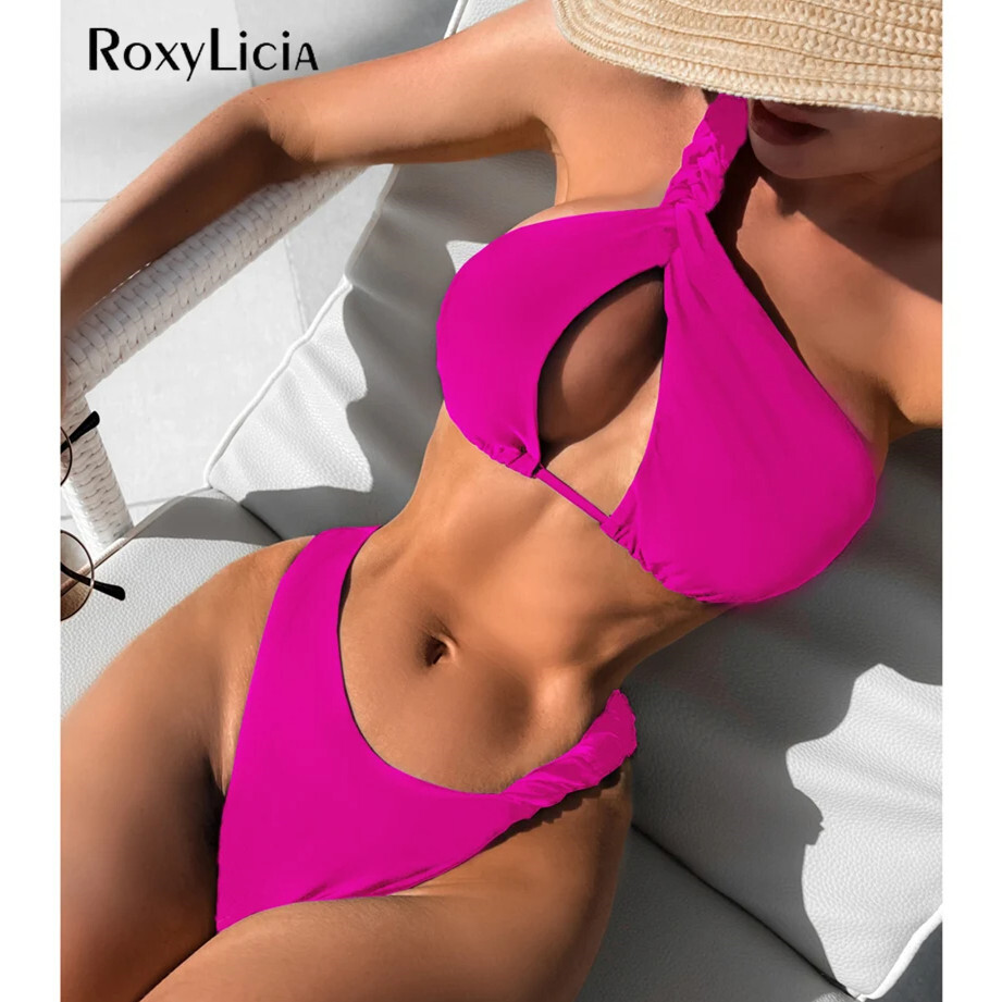 Sexy Conjunto de Bikini Brasileño Recortado Un Hombro Mujeres Traje de Baño Dos Piezas