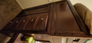 Wood bedroom set w full size bed on bottom and twin on top...has draws n shelves