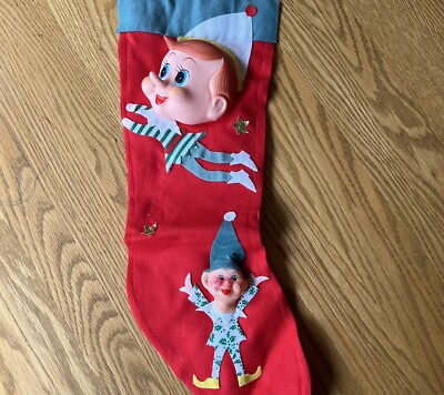 Vintage Big Elf Felt Christmas Stocking 2 Plastic Elf Faces 18 
