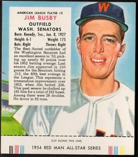1954 Red Man Tobacco With Tab, Jim Busby, AL #2, Washington Senators, NM, FS