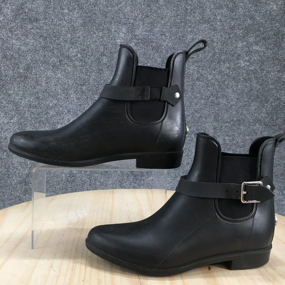 Botas de azúcar para mujer 7 botines al tobillo de lluvia correa con hebilla punta redonda de goma negra Foto 2 de 4