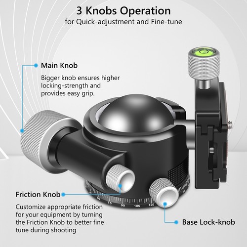 55mm Duty Ball Head All Metal CNC Tripod Head Heavy  360° Panoramic Ball Head - Picture 7 of 13