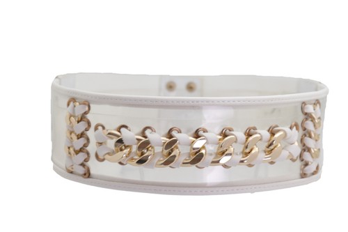 Women White Elastic Strap Wide Hip High Waisted Sexy Belt Gold Metal Chain XS S - Picture 4 of 16