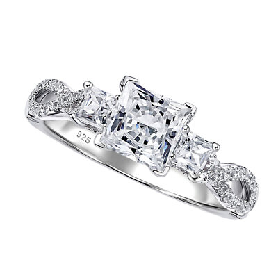 Eternity 3 Stone Princess Cut Engagement Promise Rings for Her Sterling Silver
