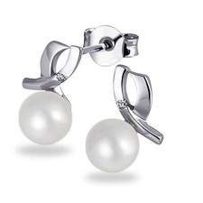 Orecchini damigella d'oro oro bianco 375/- 2 brillanti 0,03 ct. 2 perle colti...