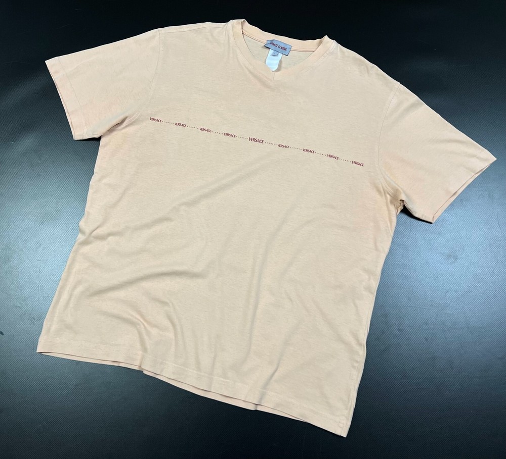 Vintage Men's VERSACE Classic Logo Beige Casual Cotton t Shirt Short Sleeve M/L