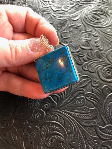 Turquoise Blue with Chocolate Cherry Web Matrix Pendant 1.75" Handcrafted - Picture 3 of 5