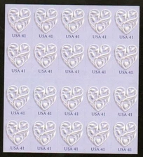 USA Scott 4151a Complete Self Adhesive Pane, 41¢ Wedding Hearts