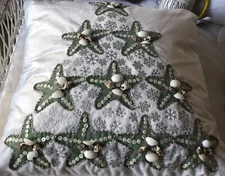 Glitz+Glimmer Christmas Tree Dusty Blue Velvet Beaded Throw Pillow Holiday 18"