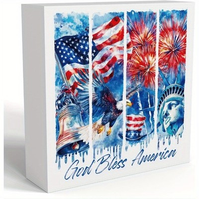 Vintage Patriotic Wooden Box Sign God Bless America 4th of July USA Flag Decor