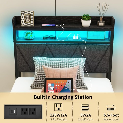 Twin Size Bed Frame with LED Lights Storage Upholstered Headboard and USB Cha... - Picture 3 of 7