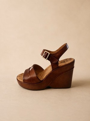 Kork-Ease Bardot Wedge Sandals Womens Size 6 Brown Leather Platform Cork