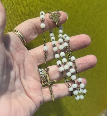 French Rosary White Beads Brass Medals 18  Prayer Hand Blown Glass Antique 1800s