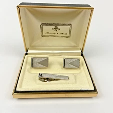 Vintage Abraham & Straus Silver Tone Cufflinks & Tie Clip Set in Box