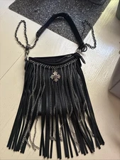 Harley Davison Leather Fringe Crossbody Bag Purse Black , Replaceable strap.