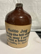 Miniature Motto Jug Advertising Stoneware~Derrick Distilling,Dayton Ohio~AS-IS