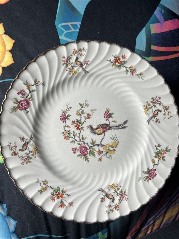 RARE Vintage Crown Staffordshire Floral Cake Stand Footed Scalloped Plate