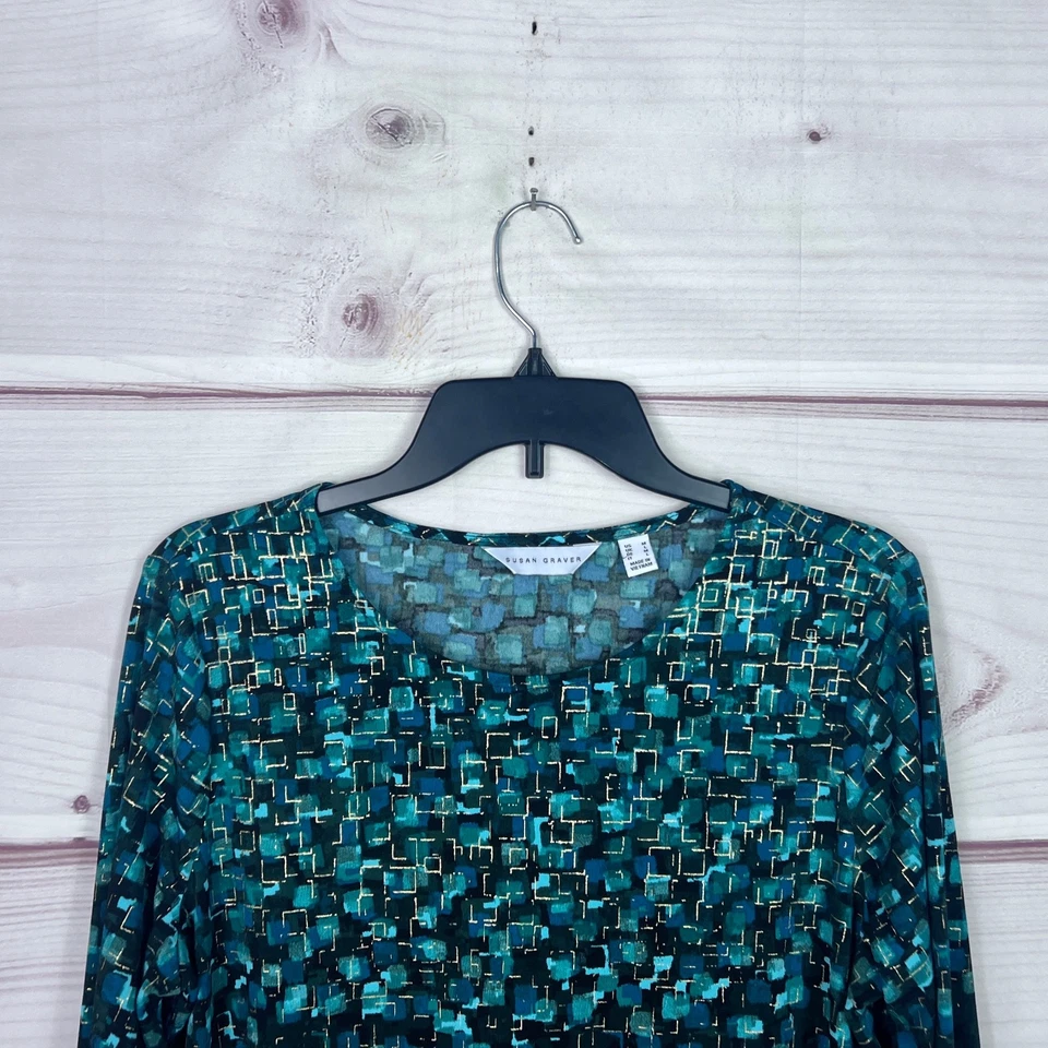 Blusa Susan Graver Top Mujer M Negra Verde Estampada en Lámina Líquida Tejido Manga Larga Foto 2 de 4