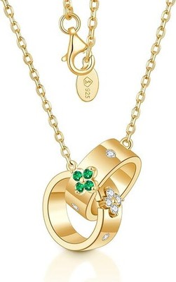 925 Silver Women's Clover Pendant Necklace 14k Gold Plated Lab-Grown Emerald